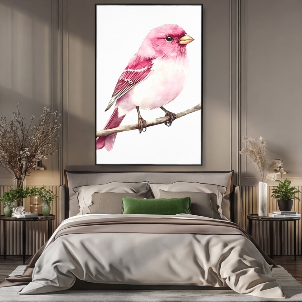 Tablou canvas cu tablou canvas cu pasare roz pe creanga, in rama de aluminiu negru, pe perete intr-un dormitor